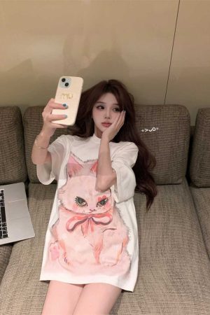 Plus Size Cat Print Mid-Length T-Shirt for Women - Round Neck, Short Sleeve, Loose Casual, Korean Style Cotton Top