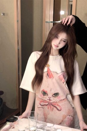 Plus Size Cat Print Mid-Length T-Shirt for Women - Round Neck, Short Sleeve, Loose Casual, Korean Style Cotton Top