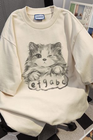 Plus Size Cat Print Short Sleeve T-Shirt for Women - Loose Fit Trendy American Style - Pure Cotton Niche Design