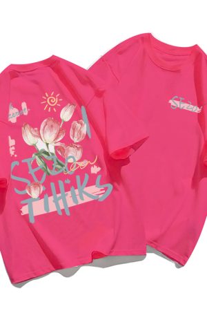 Plus Size Cotton Short Sleeve T-Shirt for Women, Unisex Retro Loose Fit Top, Hong Kong Style Chic, Casual Couple Outfit