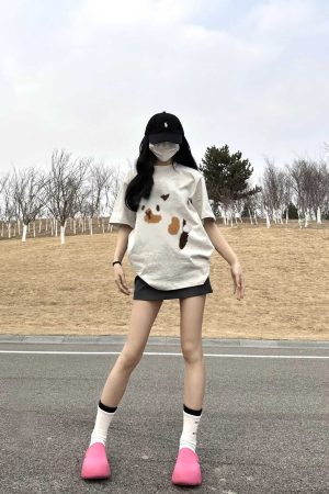 Plus Size Gray Floral Short Sleeve T-Shirt for Women - American Style Loose Fit Cotton Top for Summer Fashion