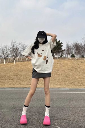 Plus Size Gray Floral Short Sleeve T-Shirt for Women - American Style Loose Fit Cotton Top for Summer Fashion