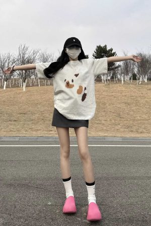 Plus Size Gray Floral Short Sleeve T-Shirt for Women - American Style Loose Fit Cotton Top for Summer Fashion