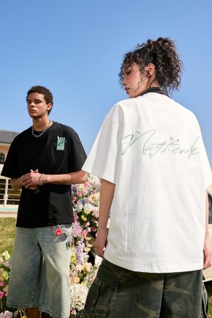 Plus Size Hip Hop Heavy Embroidery Short Sleeve T-Shirt - Letter Floral Trendy Unisex Loose Fit for Summer 2025