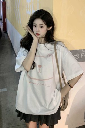 Plus Size Hong Kong Style Bear Print Short Sleeve T-Shirt for Women, Loose Fit Pure Cotton Mid-Length Couple Top