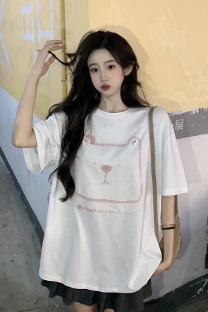 Plus Size Hong Kong Style Bear Print Short Sleeve T-Shirt for Women, Loose Fit Pure Cotton Mid-Length Couple Top