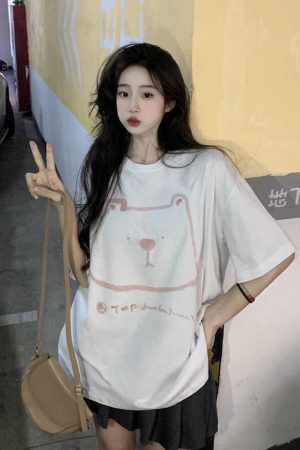 Plus Size Hong Kong Style Bear Print Short Sleeve T-Shirt for Women, Loose Fit Pure Cotton Mid-Length Couple Top