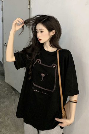 Plus Size Hong Kong Style Bear Print Short Sleeve T-Shirt for Women, Loose Fit Pure Cotton Mid-Length Couple Top