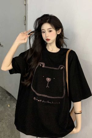 Plus Size Hong Kong Style Bear Print Short Sleeve T-Shirt for Women, Loose Fit Pure Cotton Mid-Length Couple Top