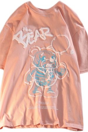 Plus Size Japanese-Style Retro Cartoon Bear Short Sleeve T-Shirt, Loose Fit for Couples, Pure Cotton, Casual Y2K Fashion