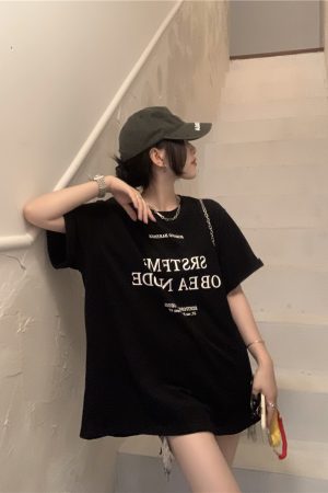 Plus Size Letter Print Cotton Short Sleeve T-Shirt for Women, Summer Round Neck Loose Casual Top, Trendy Y2K Style