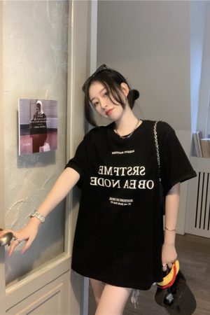 Plus Size Letter Print Cotton Short Sleeve T-Shirt for Women, Summer Round Neck Loose Casual Top, Trendy Y2K Style