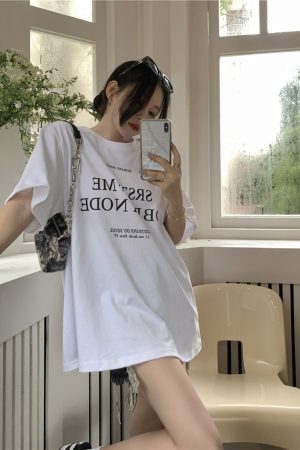 Plus Size Letter Print Cotton Short Sleeve T-Shirt for Women, Summer Round Neck Loose Casual Top, Trendy Y2K Style