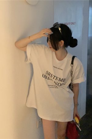 Plus Size Letter Print Cotton Short Sleeve T-Shirt for Women, Summer Round Neck Loose Casual Top, Trendy Y2K Style