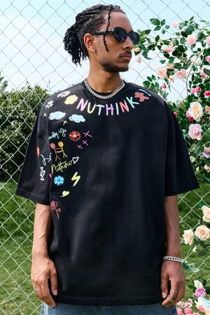 Plus Size Loose Cartoon Short Sleeve T-Shirt for Women and Men, Hip Hop Graffiti Style, Trendy 2025 Model, Casual Streetwear Fashion