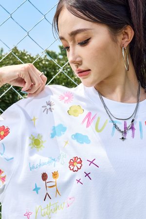 Plus Size Loose Cartoon Short Sleeve T-Shirt for Women and Men, Hip Hop Graffiti Style, Trendy 2025 Model, Casual Streetwear Fashion