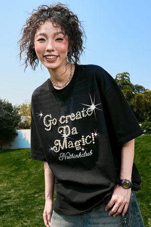 Plus Size Loose Pearl Letter Short Sleeve T-Shirt - American Vintage Unisex Summer Style 2025, Trendy Casual Wear for Y2K Fashion