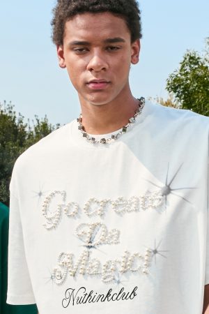 Plus Size Loose Pearl Letter Short Sleeve T-Shirt - American Vintage Unisex Summer Style 2025, Trendy Casual Wear for Y2K Fashion