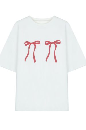 Plus Size Loose White Short-Sleeve T-Shirt for Women with Butterfly Knot Print, Harajuku Style, Casual Cotton Top for Students