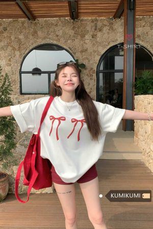 Plus Size Loose White Short-Sleeve T-Shirt for Women with Butterfly Knot Print, Harajuku Style, Casual Cotton Top for Students