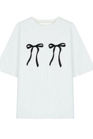 Plus Size Loose White Short-Sleeve T-Shirt for Women with Butterfly Knot Print, Harajuku Style, Casual Cotton Top for Students