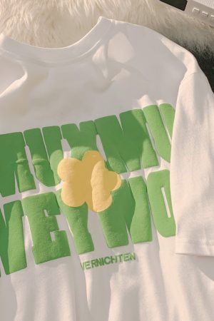 Plus Size Oversized Cotton T-Shirt for Women with Floral and Letter Print, Round Neck, Loose Short Sleeves, Casual Couple Style