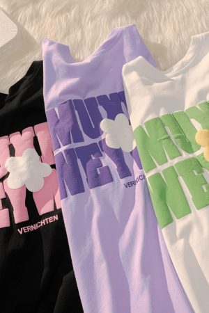 Plus Size Oversized Cotton T-Shirt for Women with Floral and Letter Print, Round Neck, Loose Short Sleeves, Casual Couple Style