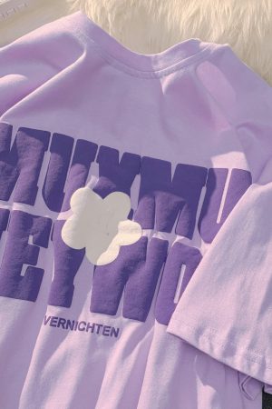 Plus Size Oversized Cotton T-Shirt for Women with Floral and Letter Print, Round Neck, Loose Short Sleeves, Casual Couple Style