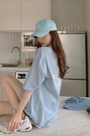 Plus-Size Oversized Milk Blue Cotton T-Shirt for Women - Summer Loose Short Sleeve Top