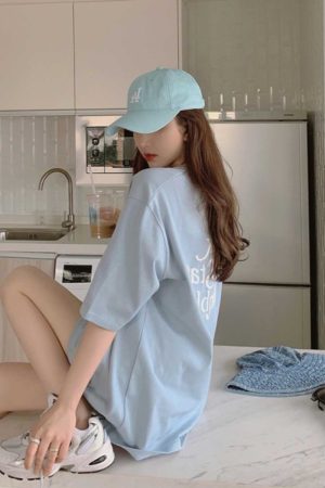 Plus-Size Oversized Milk Blue Cotton T-Shirt for Women - Summer Loose Short Sleeve Top