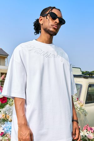 Plus Size Rhinestone Letter Short Sleeve T-Shirt for Men - American Vintage Trendy Heavyweight 90s Style 2025 Collection