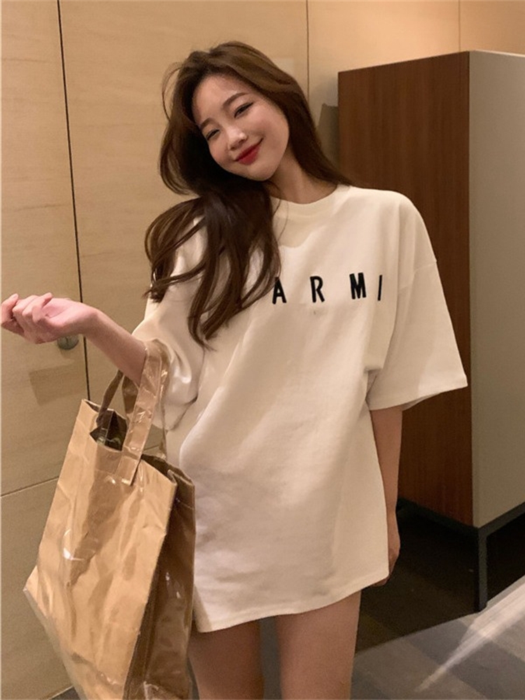 Plus Size Trendy White Cotton Short Sleeve T-Shirt for Women, Korean Style Loose Fit Mid-Length Top for Students Plus Size Trendy White Cotton Short Sleeve T-Shirt for Women, Korean Style Loose Fit Mid-Length Top for Students