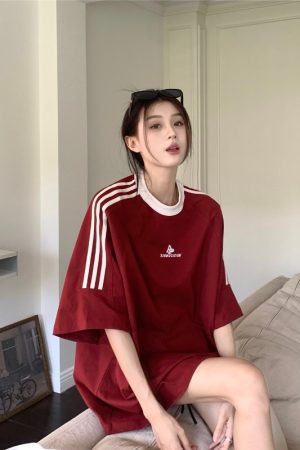 Plus Size Women's American Retro Color-Blocked Striped Casual Cotton Short Sleeve T-Shirt - Loose Fit Mid-Length Top