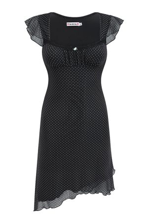 Polka Dot Flutter Sleeve Dress for Women - Summer Slim Fit, Waist-Cinching, Asymmetrical Skirt - European and American Style