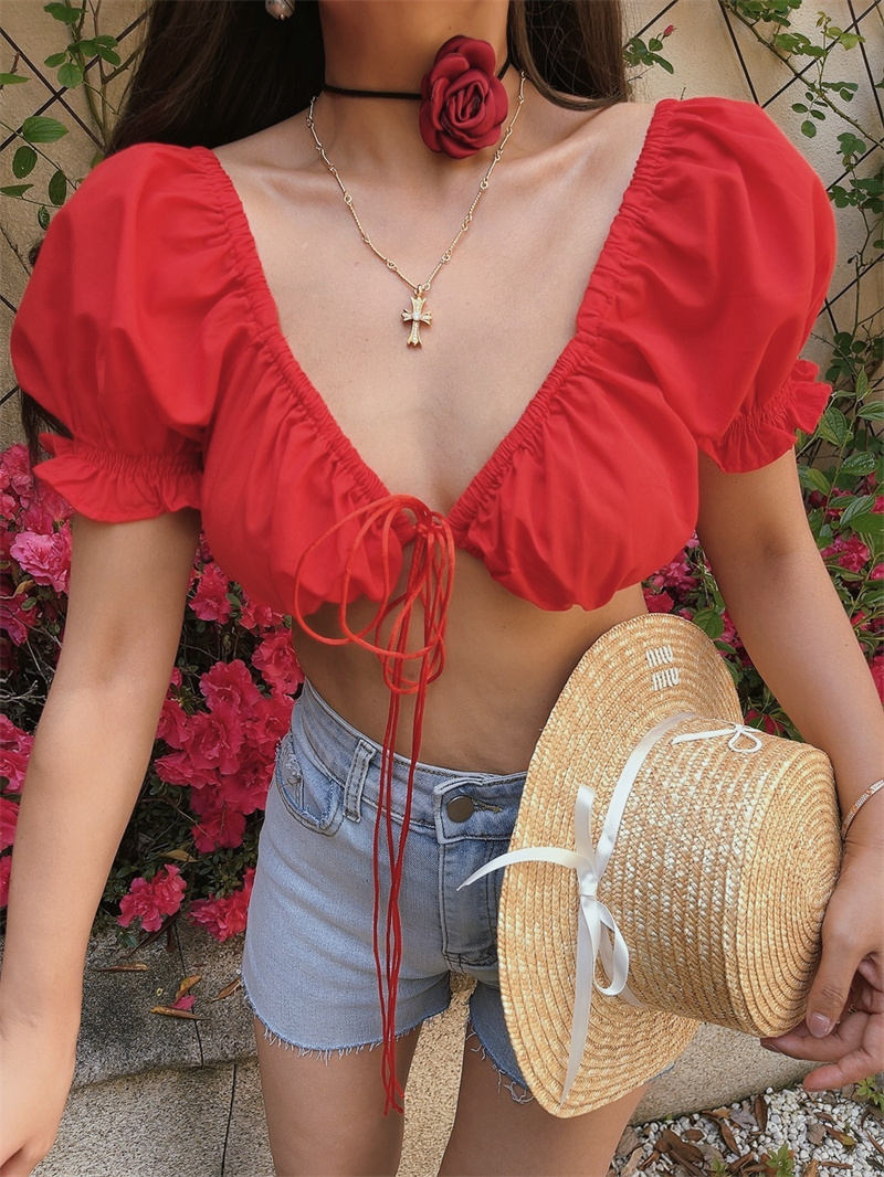 Puff Sleeve Deep V Tie Top - European & American Style, Ultra-Short Design for Spicy Girls, Perfect for Holiday and Night Out. Puff Sleeve Deep V Tie Top - European & American Style, Ultra-Short Design for Spicy Girls, Perfect for Holiday and Night Out.