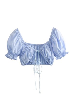 Puff Sleeve Deep V Tie Top - European & American Style, Ultra-Short Design for Spicy Girls, Perfect for Holiday and Night Out.