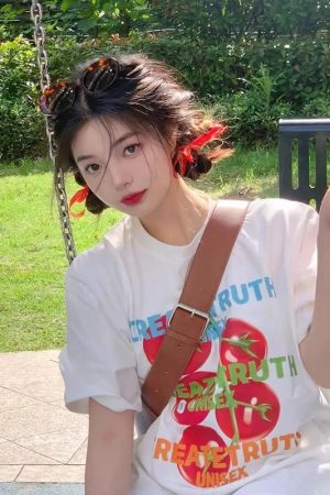 Pure Cotton Retro Tomato Fruit Print Short Sleeve T-Shirt for Men and Women, Plus Size Loose Round Neck, Casual Couple Style