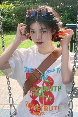 Pure Cotton Retro Tomato Fruit Print Short Sleeve T-Shirt for Men and Women, Plus Size Loose Round Neck, Casual Couple Style