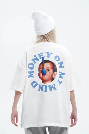 Pure Cotton Short Sleeve T-Shirt in Circular Letter Design - Inspired by 90s Y2K Style, Perfect for Casual Wear