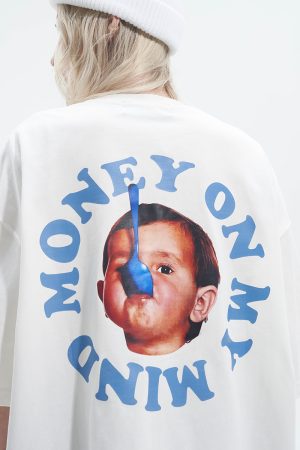 Pure Cotton Short Sleeve T-Shirt in Circular Letter Design - Inspired by 90s Y2K Style, Perfect for Casual Wear