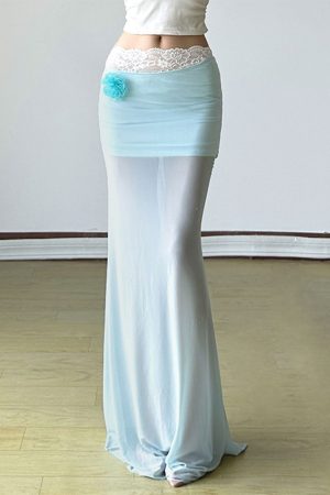 Pure Desire Blue Floral Mesh Lace Spliced Bodycon Skirt - Summer Vacation Style, Three-Dimensional Design, Trendy Y2K Fashion
