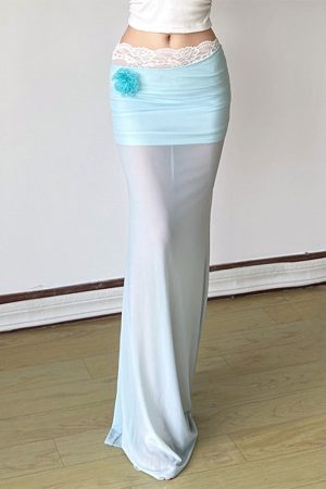 Pure Desire Blue Floral Mesh Lace Spliced Bodycon Skirt - Summer Vacation Style, Three-Dimensional Design, Trendy Y2K Fashion