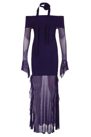 Purple Charm Off-Shoulder Sheer Long Dress with Bell Sleeves - Womenâ€™s Bodycon Dress, Elegant Evening Wear, Trendy Fashion
