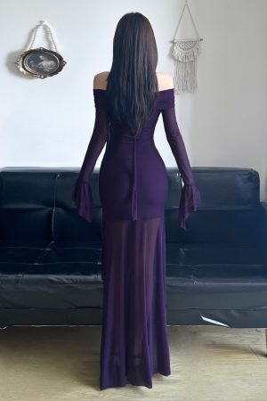 Purple Charm Off-Shoulder Sheer Long Dress with Bell Sleeves - Womenâ€™s Bodycon Dress, Elegant Evening Wear, Trendy Fashion