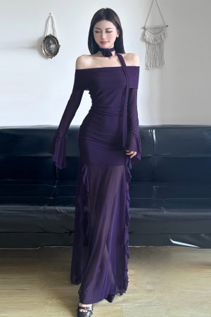 Purple Charm Off-Shoulder Sheer Long Dress with Bell Sleeves - Womenâ€™s Bodycon Dress, Elegant Evening Wear, Trendy Fashion