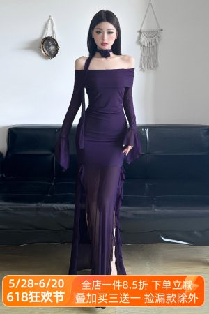 Purple Charm Off-Shoulder Sheer Long Dress with Bell Sleeves - Womenâ€™s Bodycon Dress, Elegant Evening Wear, Trendy Fashion