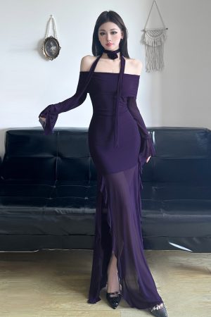 Purple Charm Off-Shoulder Sheer Long Dress with Bell Sleeves - Womenâ€™s Bodycon Dress, Elegant Evening Wear, Trendy Fashion