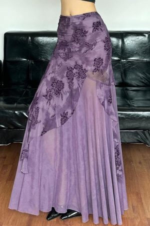 Purple Charm Printed Irregular Hem Mermaid Long Skirt with Elegant Neck Tie Top Set - Y2K Inspired Fashion Outfit