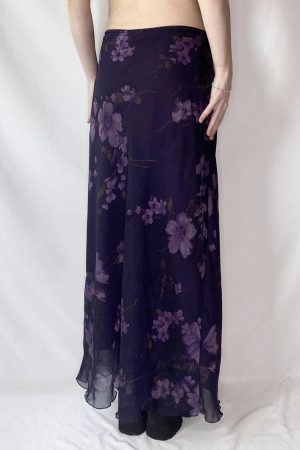 Purple Floral Mesh Long Skirt - Women's Retro Chinese Style Low Waist Vintage Maxi Skirt, Y2K Inspired Fashion