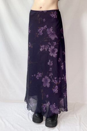Purple Floral Mesh Long Skirt - Women's Retro Chinese Style Low Waist Vintage Maxi Skirt, Y2K Inspired Fashion